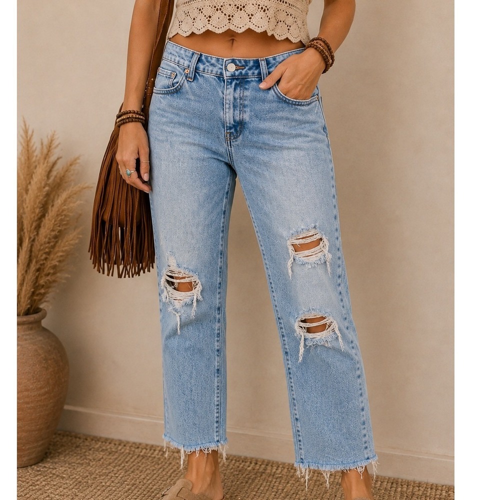 Daze Denim Womens Distressed Straight Leg Light Wash Raw Hem Jeans Size 30